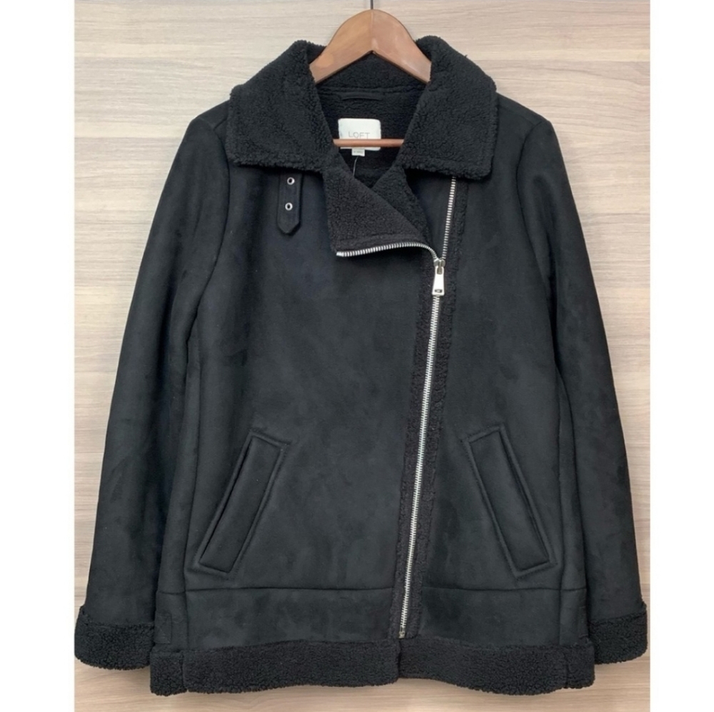 NWT LOFT Faux Suede Aviator Coat Color Black - Picture 3 of 5